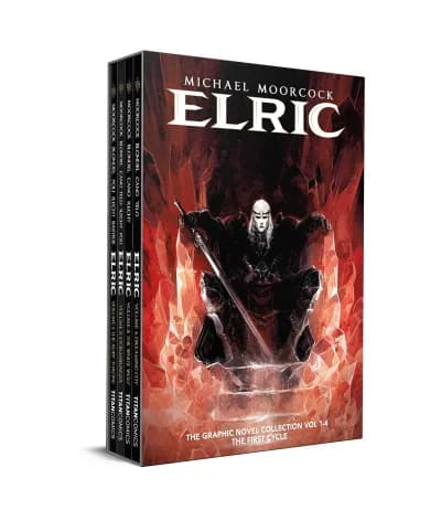 Cover of Michael Moorcock's Elric Series 1–4 Complete 4 Book Set Hardcover Edition For Fantasy Fans And Collectors